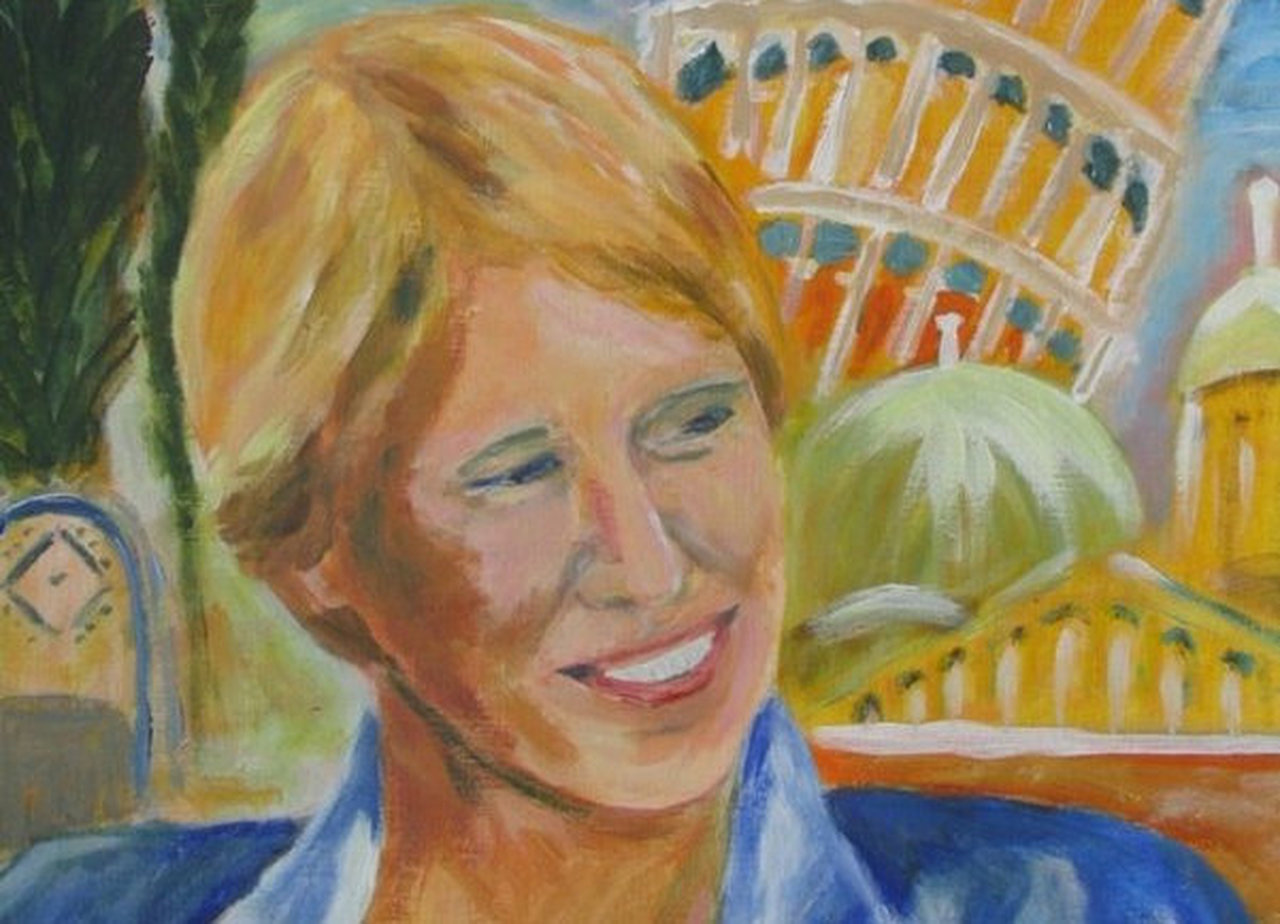 Impressionistic painting of Mieke Massink with Pisa tower in the background.